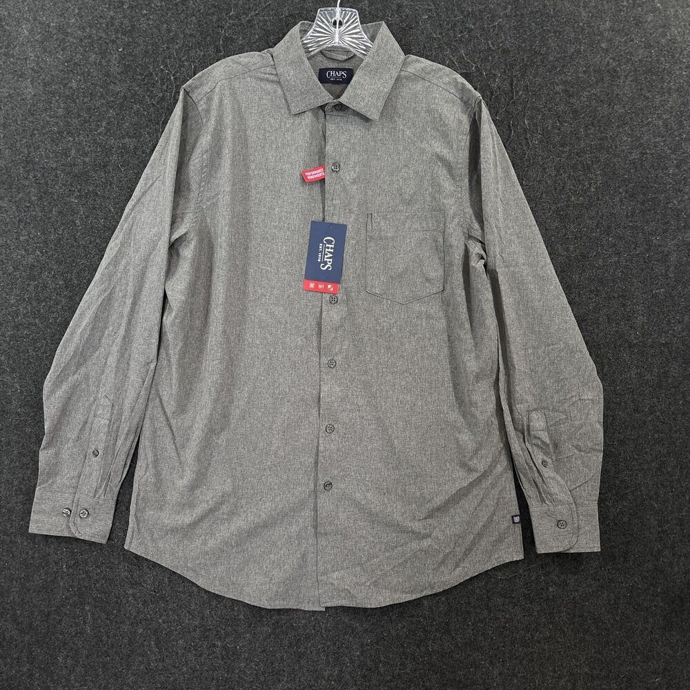 Chaps Shirt Men's Medium Gray Solid Stretch Wrinkle Resistant UPF 50 Performance